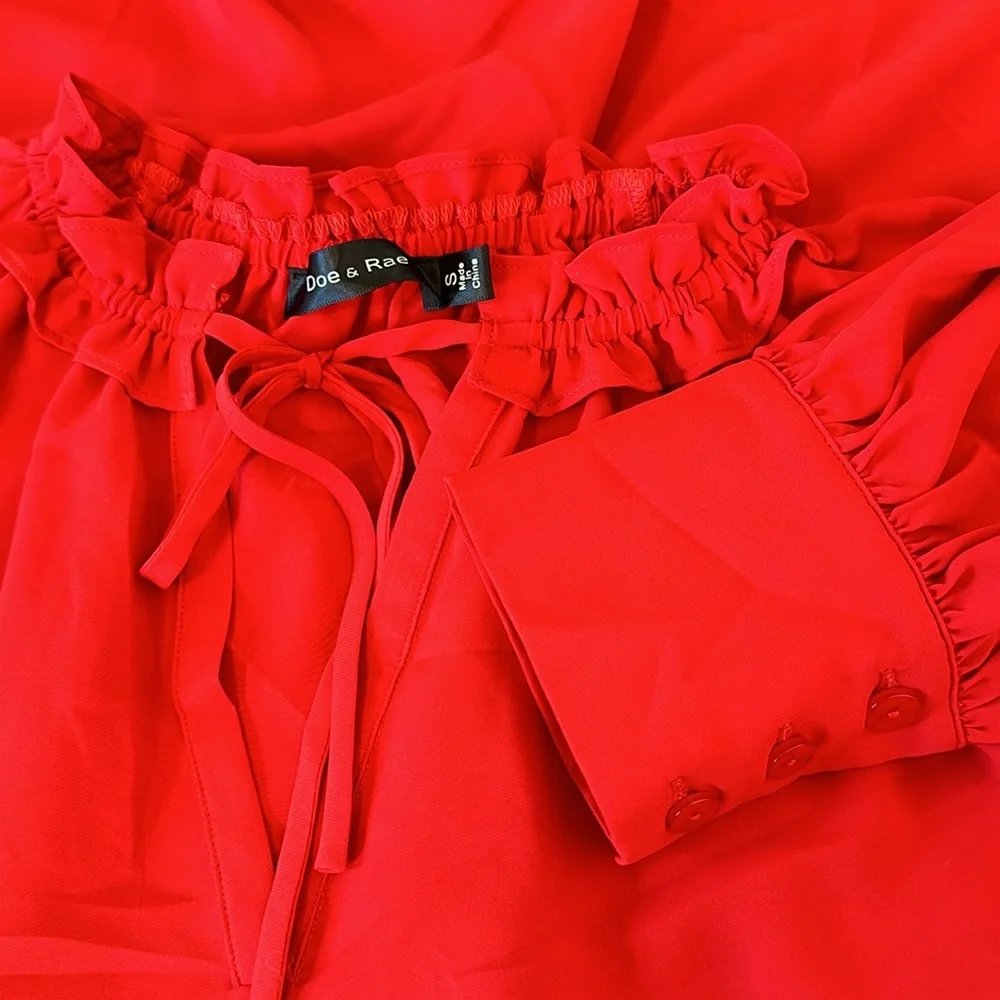 NWOT Doe & Rae Long Sleeve Red V-Neck Blouse with Ruffles and Neck Tie - Picture 5 of 5